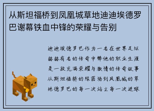 从斯坦福桥到凤凰城草地迪迪埃德罗巴谢幕铁血中锋的荣耀与告别